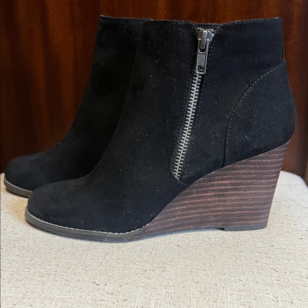Black Suede Wedge Ankle Booties with Double Side Zippers